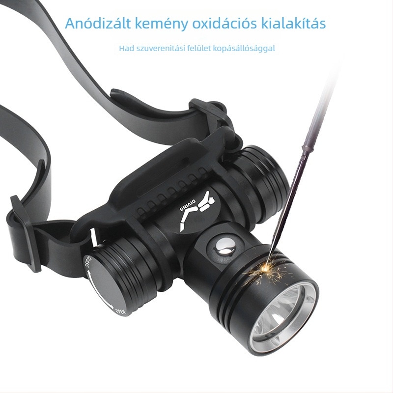 Búvárfejlámpa akkumulátor-szint kijelzővel; 10W LED; 350+ lumen; 18650 akkumulátor; vízálló; sugárzás 200–500 m