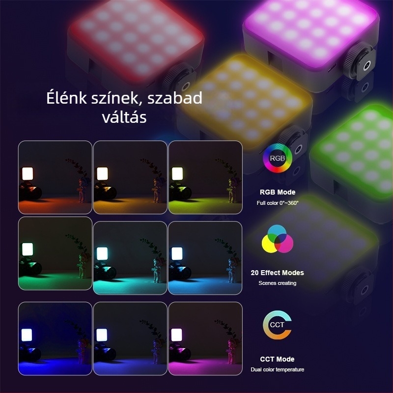 T64RGB Mini RGB LED Szelfi Világítás Mobiltelefonhoz — 4.2W, 3.7V, Beépített Akkumulátor, 2500K–9900K Színhőmérséklet, Kézben