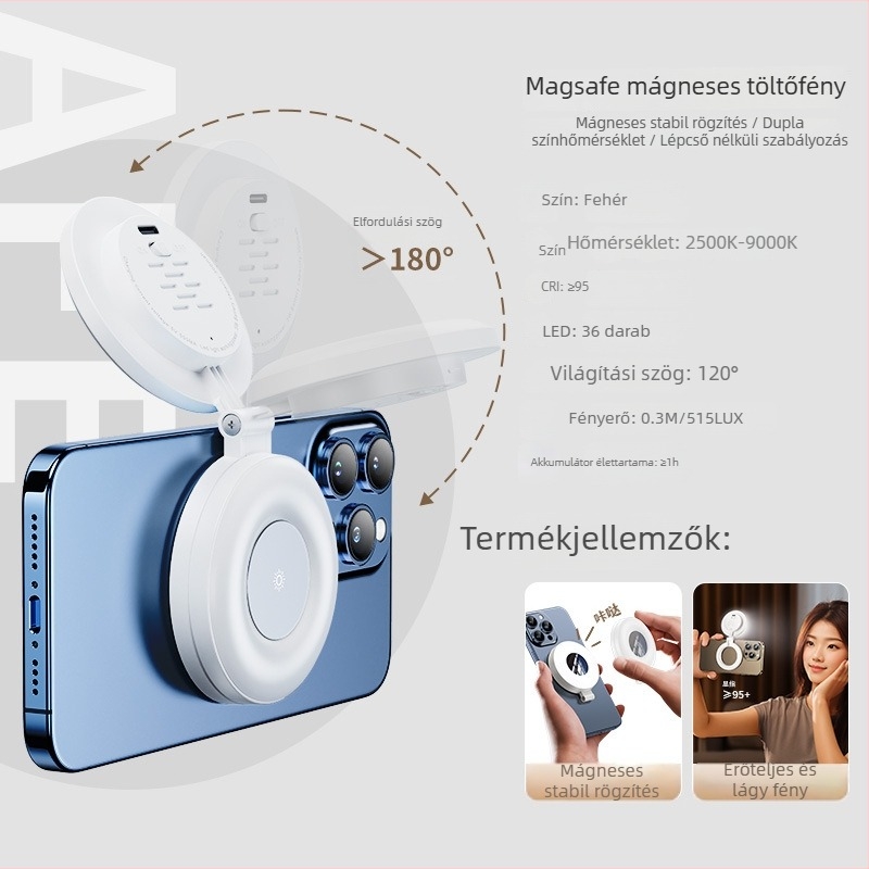 Mágneses Zsebfény – Hordozható, Összecsukható LED Fény a Telefonos Szelfihez, Külső Fotózáshoz, 3 Világítási Mód, 5V