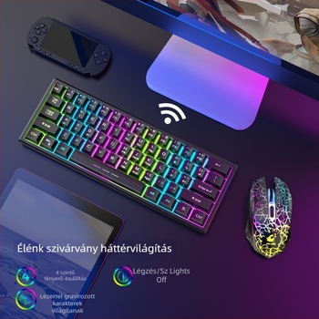 T61 vezeték nélküli billentyűzet és egér készlet, 61 gomb, háttérvilágítás, 2400dpi, USB