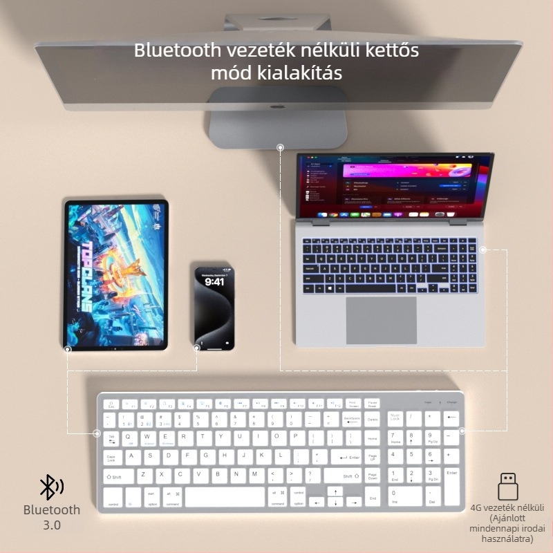 Vezeték nélküli billentyűzet és egér készlet — csendes, 1600dpi optikai érzékelő, ergonomikus kialakítás, vízálló, USB interfészek