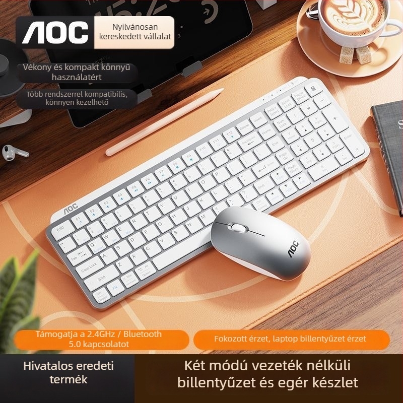 AOC kettős módú billentyűzet és egér készlet, ollókapcsolós billentyűzet, Bluetooth 5.0 és 2.4G vezeték nélküli kapcsolattal, USB egér, 1200 DPI