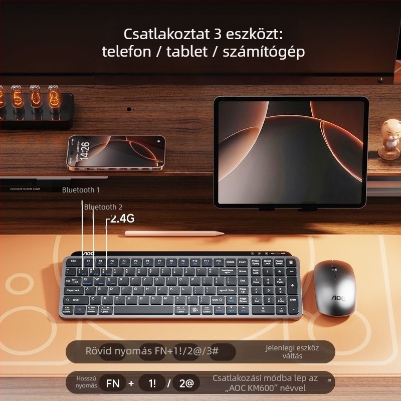 AOC kettős módú billentyűzet és egér készlet, ollókapcsolós billentyűzet, Bluetooth 5.0 és 2.4G vezeték nélküli kapcsolattal, USB egér, 1200 DPI