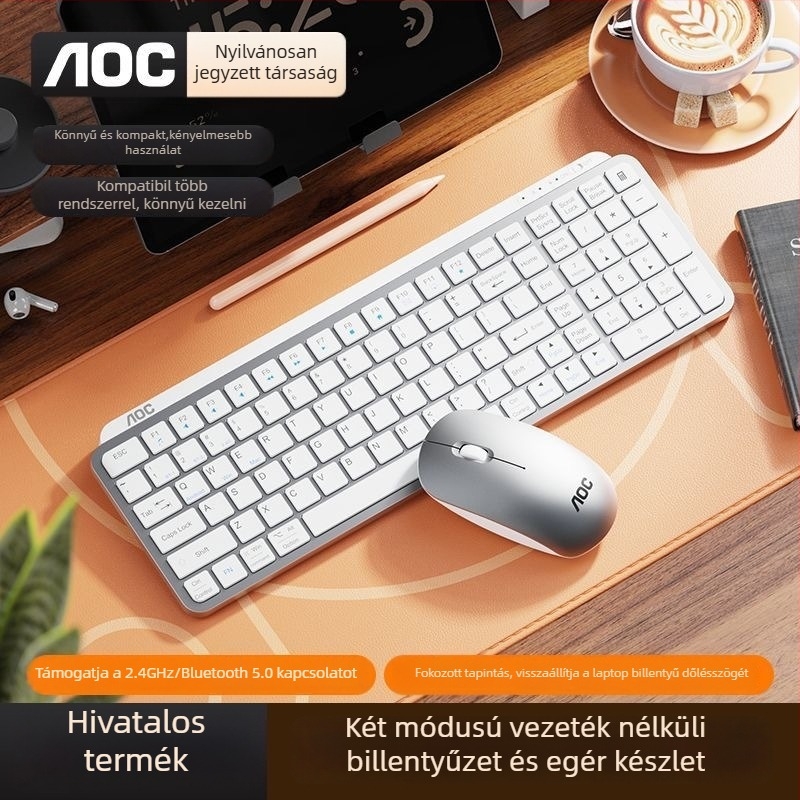 AOC kettős módú billentyűzet és egér készlet, ollókapcsolós billentyűzet, Bluetooth 5.0 és 2.4G vezeték nélküli kapcsolattal, USB egér, 1200 DPI