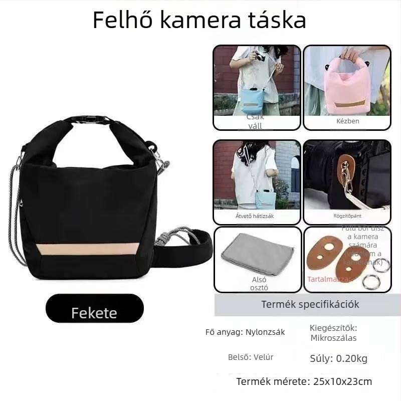 Fotótáska DSLR/SLR és tükör nélküli kamerákhoz, objektív és kiegészítők, poliészter válltáska görbült pánttal, uniszex