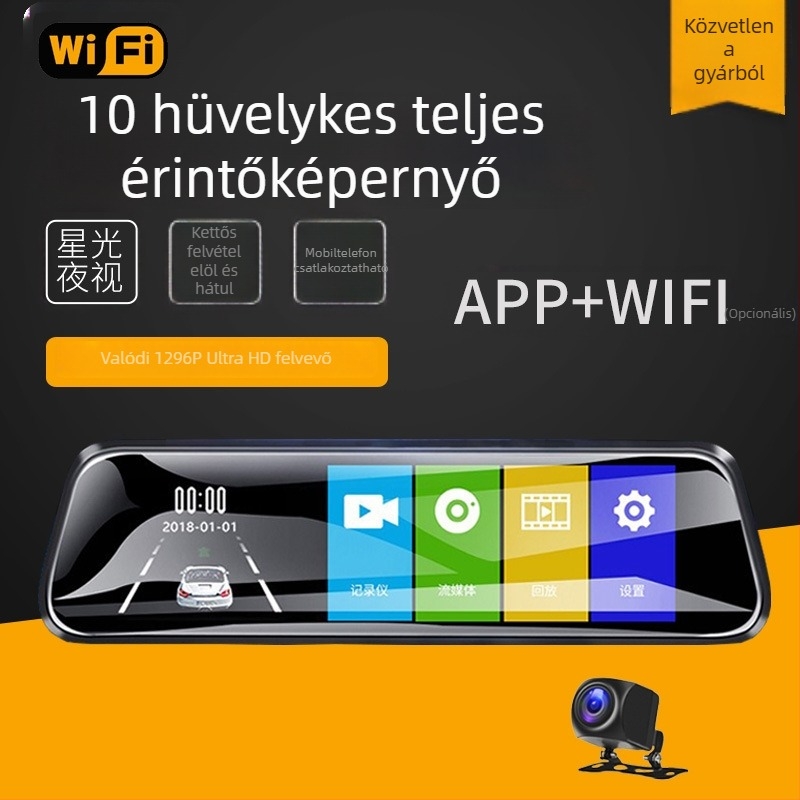 Squarester autós dashcam elő- és hátsó kettős felvétellel, 170° széles látószög, 1296P felbontás, Wi-Fi, microSD kártya 64GB-ig