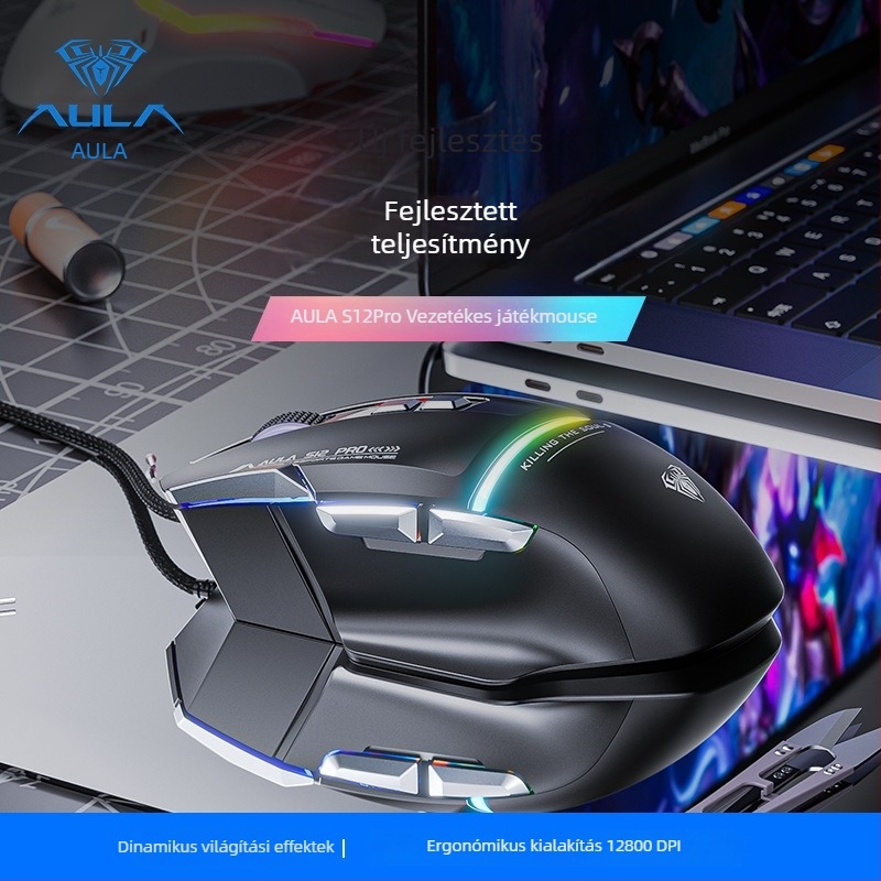 AULA Tarantula S12PRO vezetékes mechanikus makró programozható játék egér, 12800 DPI, 8 programozható gomb, USB, négy szint DPI állítás, ergonikus dizájn