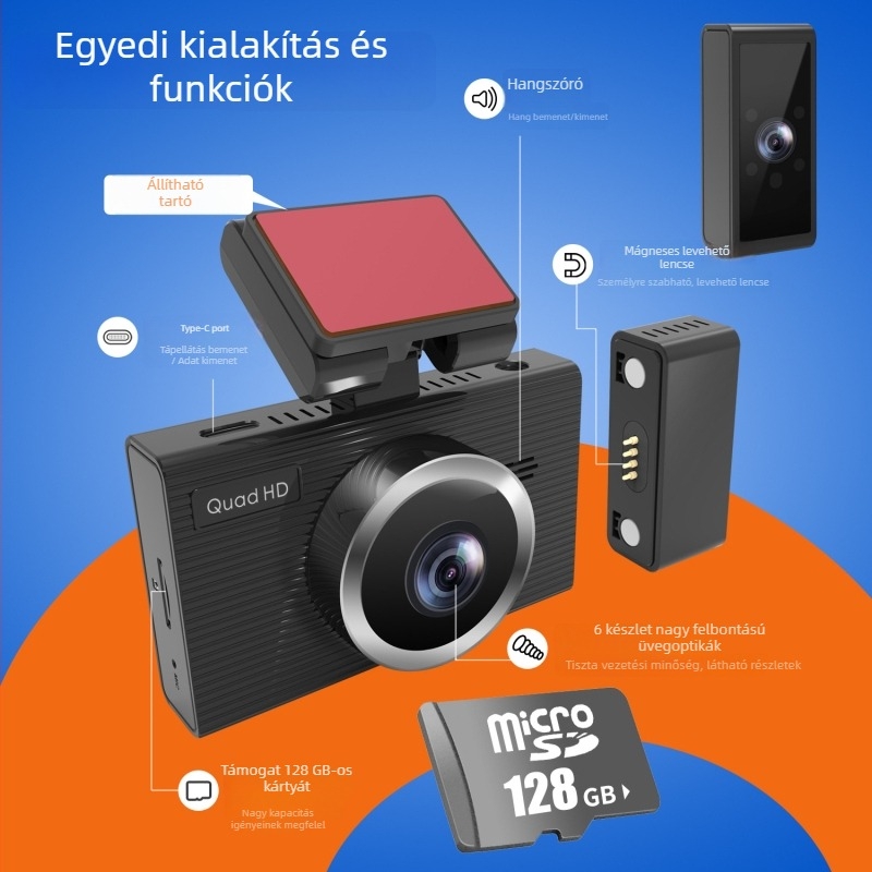 JTOVI autóskamera Wi-Fi-vel, előre és hátra felvétel, 1440P, 140° látószög, 3,0 hüvelykes kijelző, parkolásfigyelő