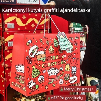 Karácsonyi graffiti kölyökkutyás ajándéktáska, nagy kapacitású, kartonból, rajzfilmszerű stílus