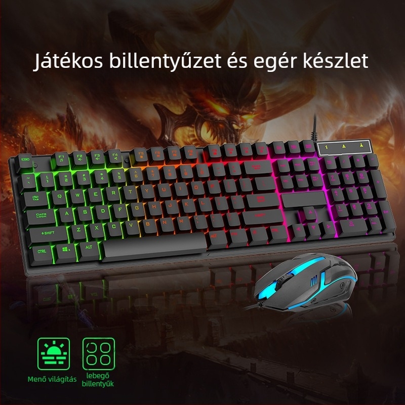 K323 vezetékes játékbillentyűzet és egér garnitúra USB csatlakozásokkal, háttérvilágítással és ergonomikus támogatással