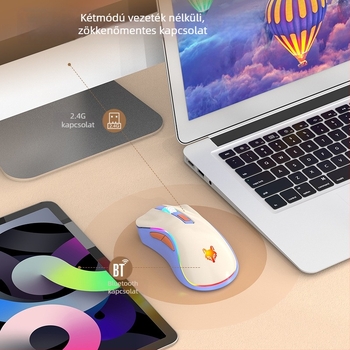 Vezeték nélküli halk optikai egér – kettős üzemmód 2.4G/Bluetooth, 3200 DPI, 6 gomb, 4‑irányú görgő, újratölthető