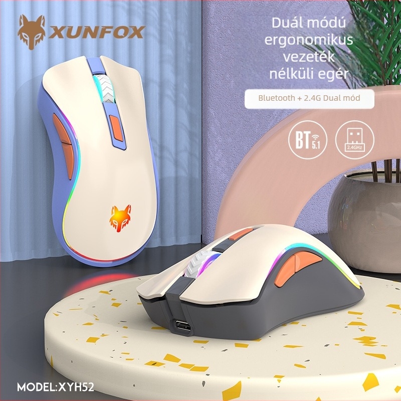 Vezeték nélküli halk optikai egér – kettős üzemmód 2.4G/Bluetooth, 3200 DPI, 6 gomb, 4‑irányú görgő, újratölthető