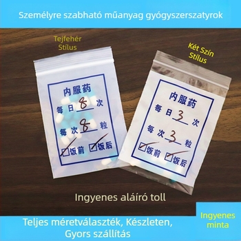 Egyszer használatos PE gyógyszeres tasak szájon át szedhető gyógyszerekhez – Bowposts márkájú, önzáró belső gyógyszerzacskó, klinikák és gyógyszertárak számára; anyag: új anyag; zárási hossz: 1,2 cm