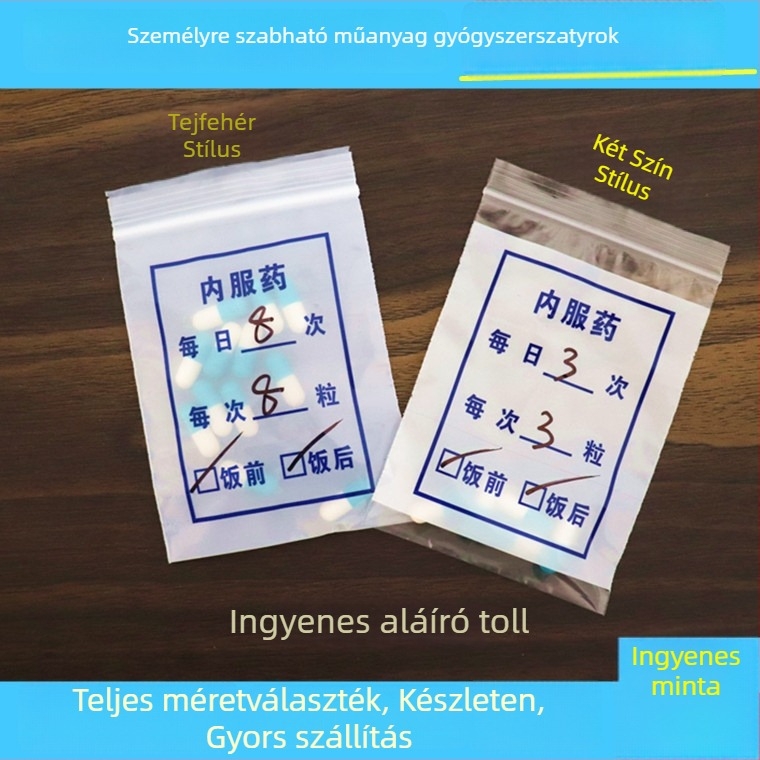 Egyszer használatos PE gyógyszeres tasak szájon át szedhető gyógyszerekhez – Bowposts márkájú, önzáró belső gyógyszerzacskó, klinikák és gyógyszertárak számára; anyag: új anyag; zárási hossz: 1,2 cm