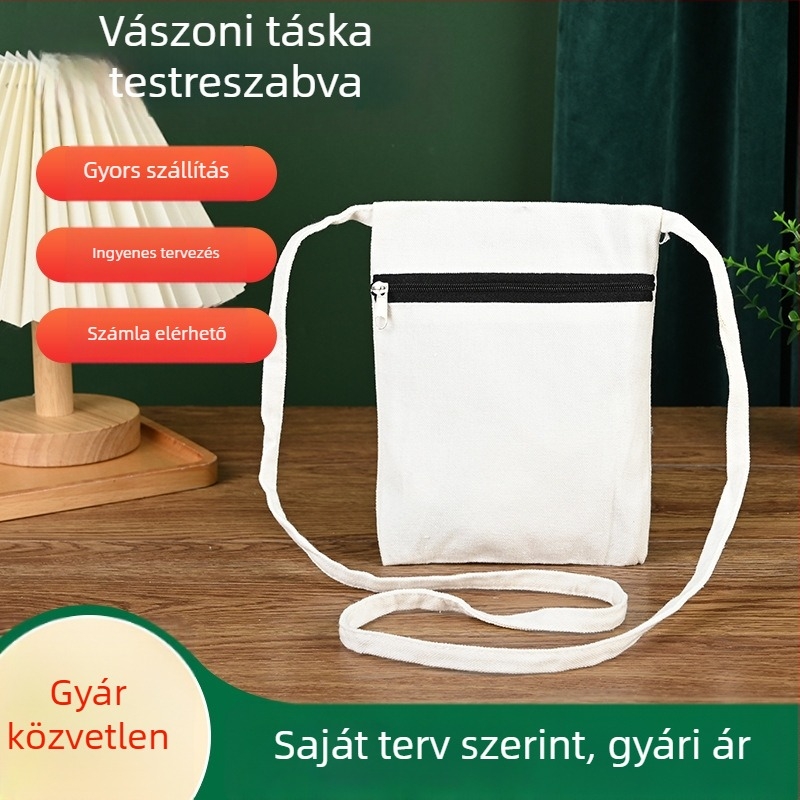 Vászon táska testre szabható logóval, egy vállra hordható kialakítás, alj és oldalak, hőtranszfer nyomtatás, kézitáska stílus