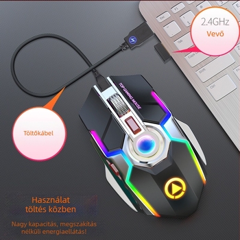 Vezeték nélküli játék egér 1600 DPI-vel, 7 gombbal, 2,4 GHz USB vevővel