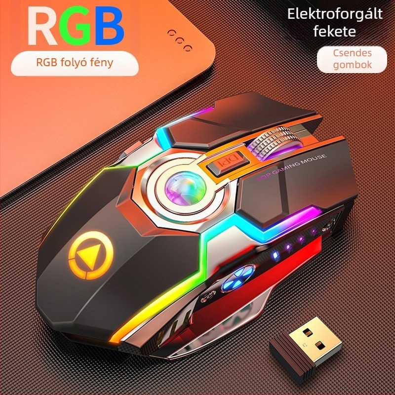 Vezeték nélküli játék egér 1600 DPI-vel, 7 gombbal, 2,4 GHz USB vevővel