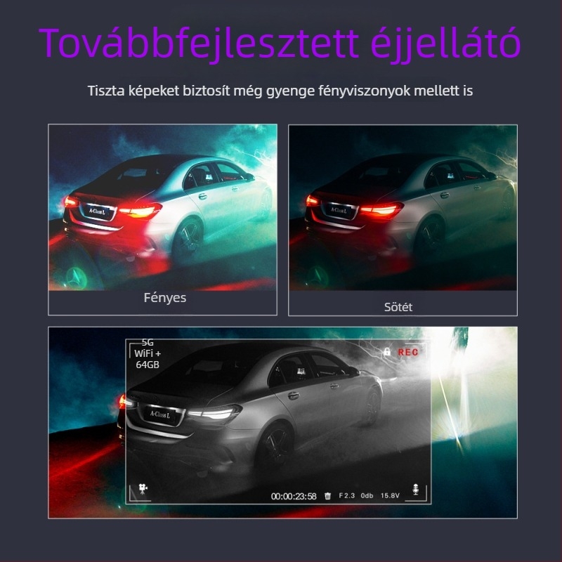 3,0 hüvelykes HD autós kamera infravörös éjszakai látással, Wi‑Fi kapcsolattal telefonhoz, parkolásfigyelés, 360°-os forgás