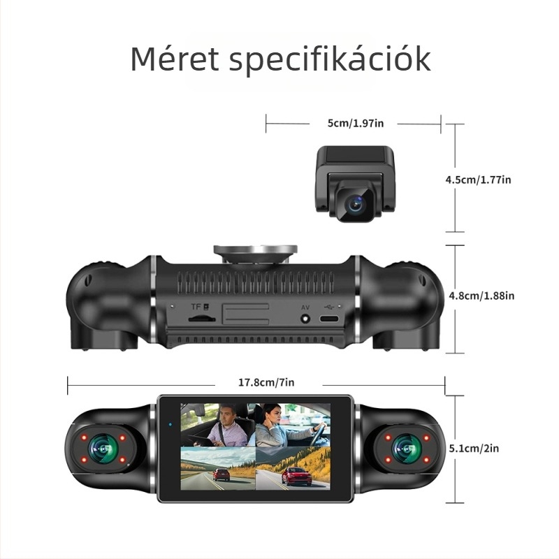 3,0 hüvelykes HD autós kamera infravörös éjszakai látással, Wi‑Fi kapcsolattal telefonhoz, parkolásfigyelés, 360°-os forgás