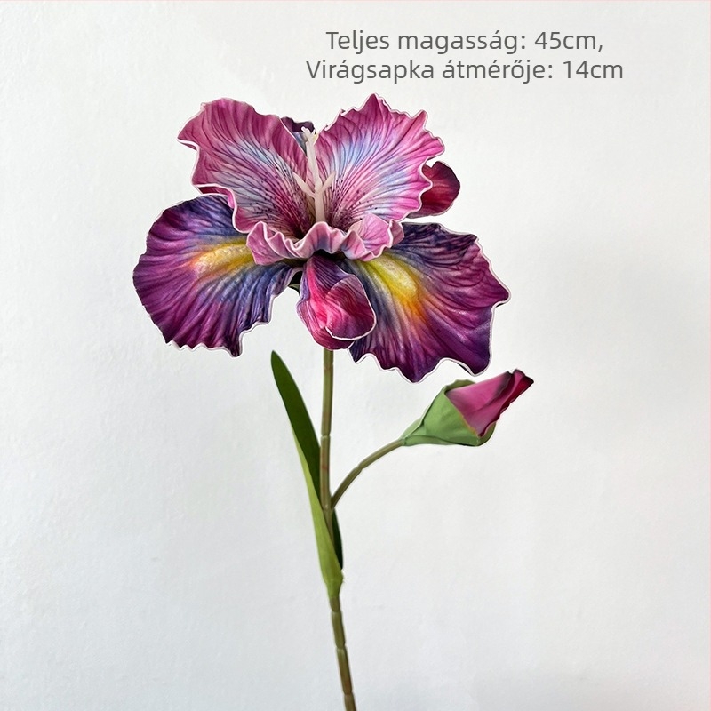 Kétfejű írisz művirág, EVA érintésű felület, selyem anyag, dombornyomásos befejezés – ideális esküvőhöz és otthoni dekorációhoz