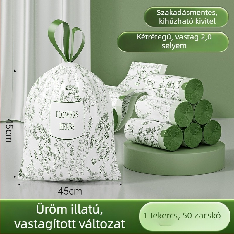 Artemisia illatú háztartási szemeteszsákok, tépésállóak, extra vastagok, nagy méretűek, zsinóros, otthonra és irodába