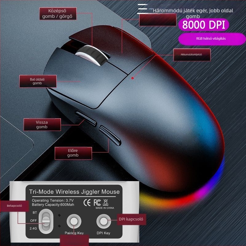 Vezeték nélküli játék egér, ergonómikus kialakítás, optikai szenzor 8000 DPI, 7 gomb, DPI-szint 6, 10 m működési távolság