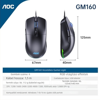 Gaming egér (USB kábeles, 6 gomb, 7200 DPI)