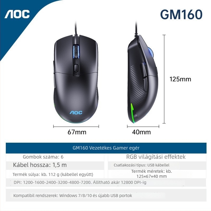 Gaming egér (USB kábeles, 6 gomb, 7200 DPI)