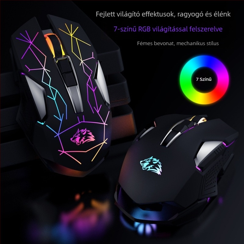 Tölthető vezeték nélküli gamer egér 2400 DPI-vel, 6 gomb, USB interfész, 2,4 GHz vezeték nélküli kapcsolat, 10 m hatótávolság