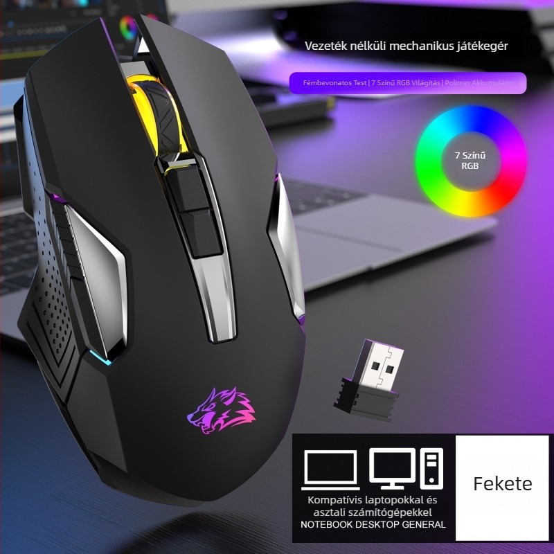 Tölthető vezeték nélküli gamer egér 2400 DPI-vel, 6 gomb, USB interfész, 2,4 GHz vezeték nélküli kapcsolat, 10 m hatótávolság
