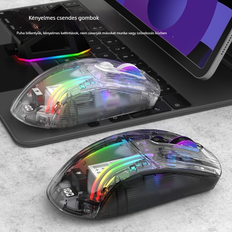 Bluetooth játék egér 4000 DPI, 7 gomb, 2,4G+BT, érintésgörgő, 4-szintű DPI állítás, kijelzős vezeték nélküli töltőalap