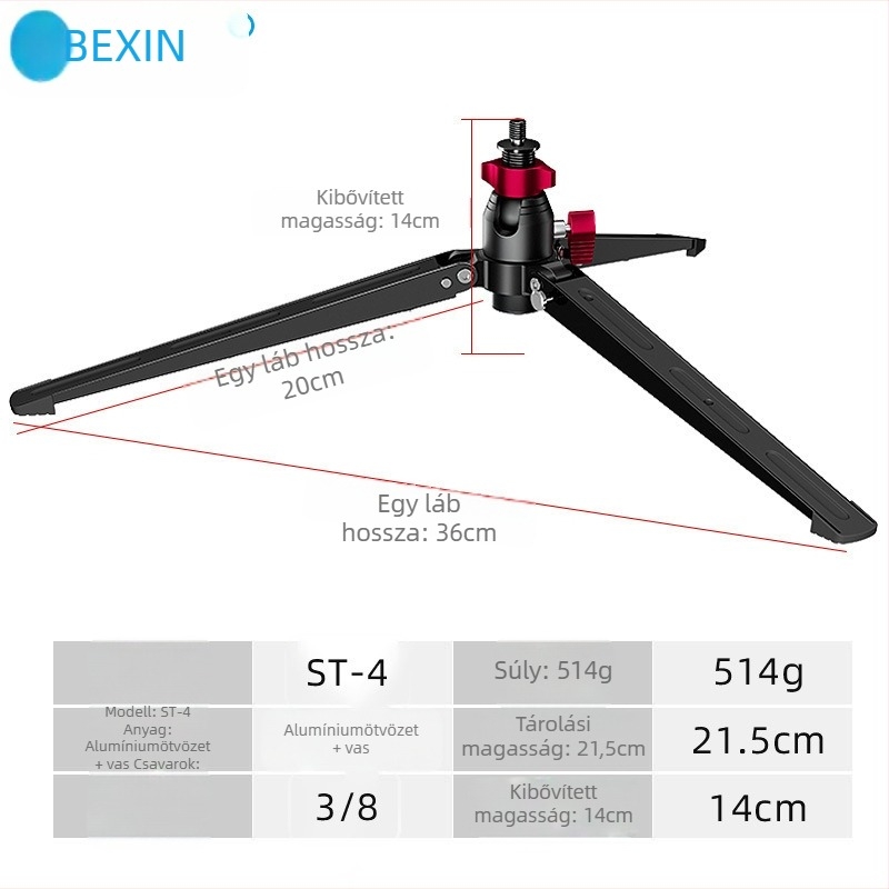 Fényképezőgéphez alumínium ötvözetű tripod, modell ST-4, 1 szakasz, teherbírás 6–10 kg, súly 0,457 kg