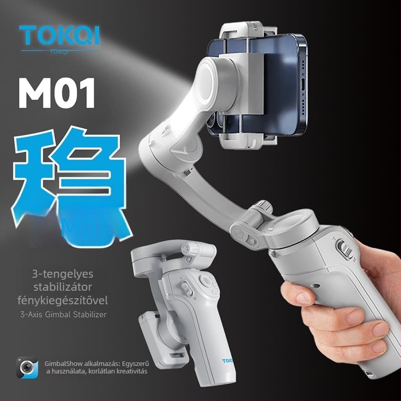 TOKQI kézi háromtengelyes stabilizátor mobiltelefonhoz arcfelismeréssel, modell M01 — 320° vízszintes és függőleges forgás, nettó tömeg 378 g