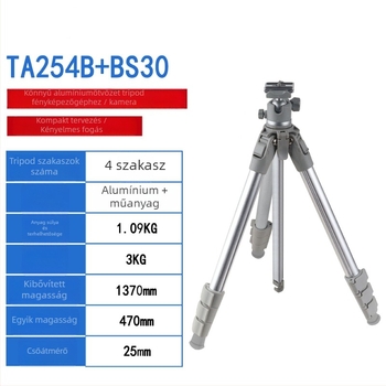 Trípód alumínium ötvözetből, gömbfejes fej, 5 részes, teherbírás 5 kg, gyorskioldó lemez