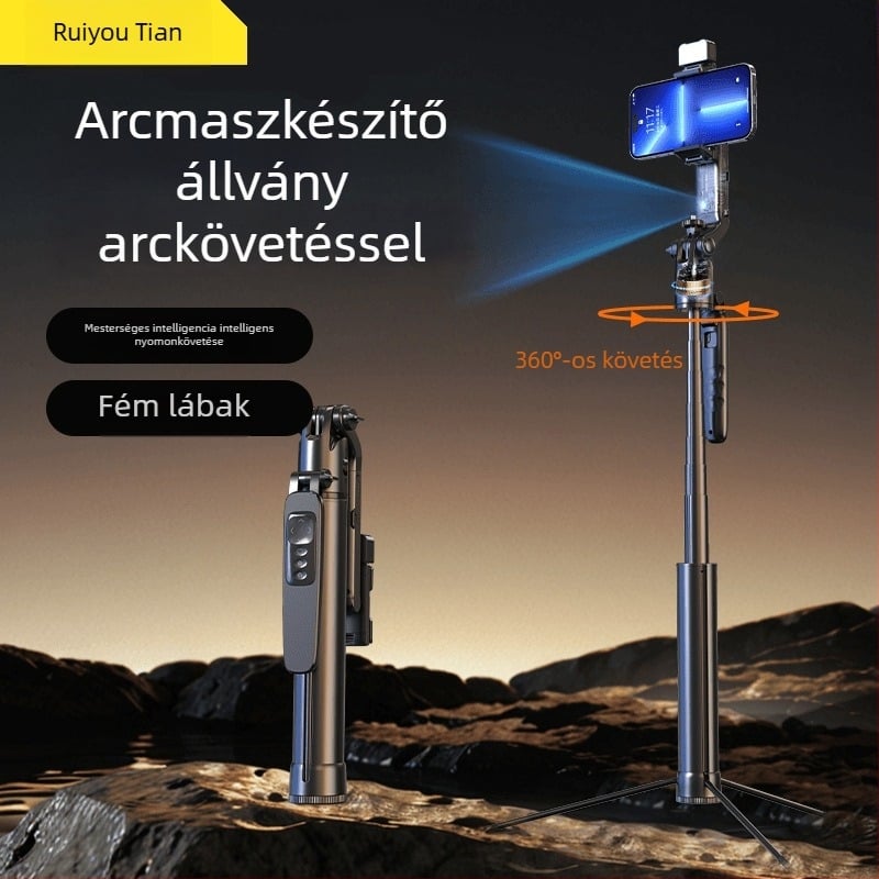 AI arc felismerő követő mobiltelefon tripod, 360° pan-tilt, alumíniumötvözet, 630 g, univerzális