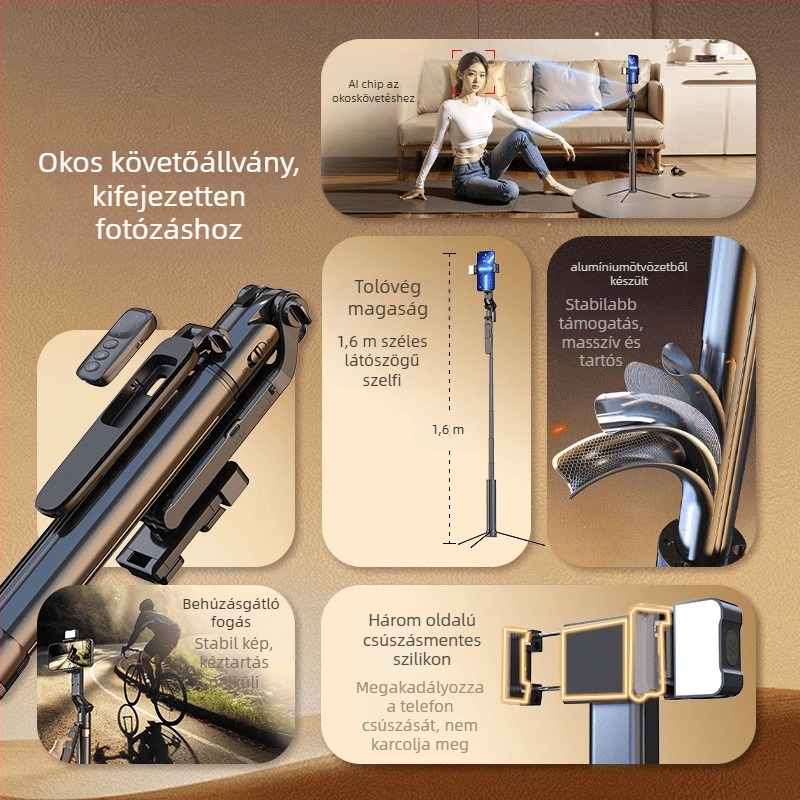 AI arc felismerő követő mobiltelefon tripod, 360° pan-tilt, alumíniumötvözet, 630 g, univerzális