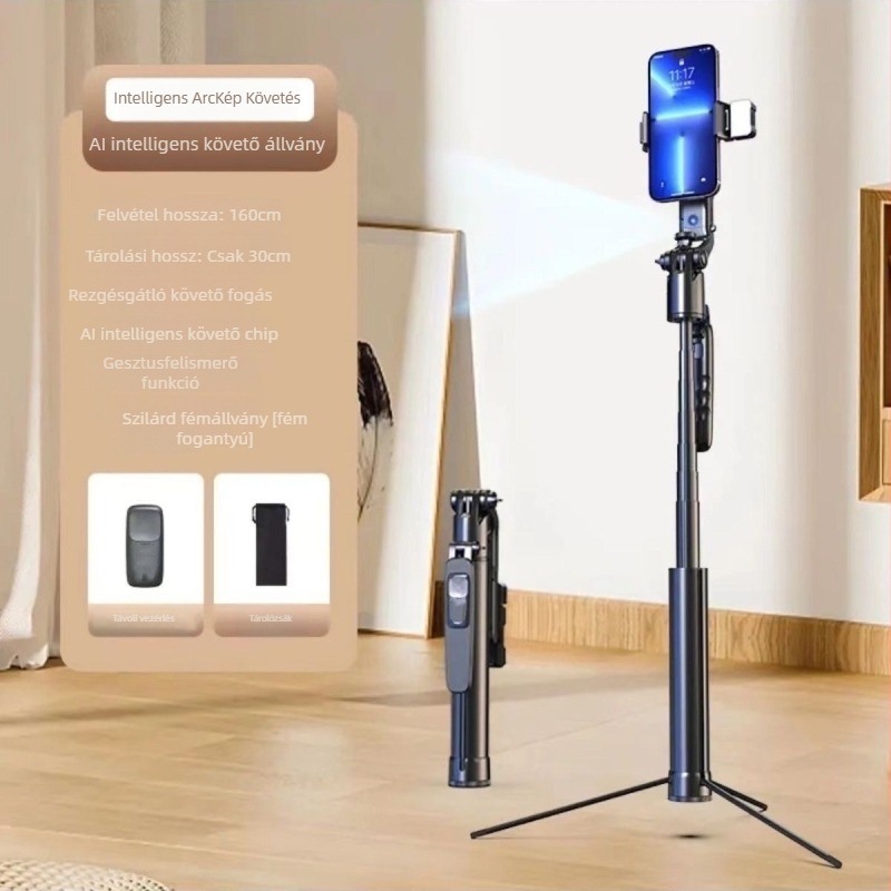 AI arc felismerő követő mobiltelefon tripod, 360° pan-tilt, alumíniumötvözet, 630 g, univerzális