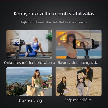 3-tengelyes kézi stabilizátor okostelefonhoz — intelligens anti-shake követés, ABS ház, beépített akkumulátor, tömeg 500 g (320° panoráma, 320° dőlés, 120°/s sebesség)