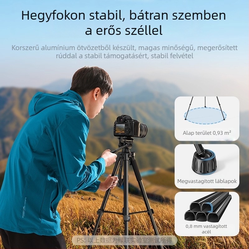 DSLR/Mirrorless kamerához 3D gimbalos háromszakaszos állvány, alumínium ötvözet, gyorskioldó lemez, teher 2–5 kg, stabil élő közvetítéshez