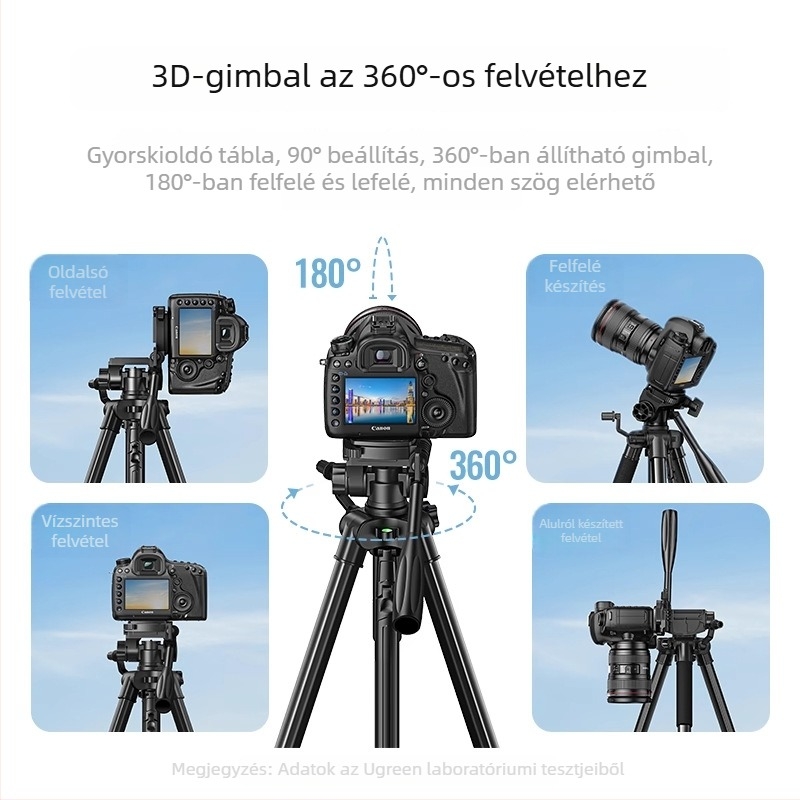 DSLR/Mirrorless kamerához 3D gimbalos háromszakaszos állvány, alumínium ötvözet, gyorskioldó lemez, teher 2–5 kg, stabil élő közvetítéshez