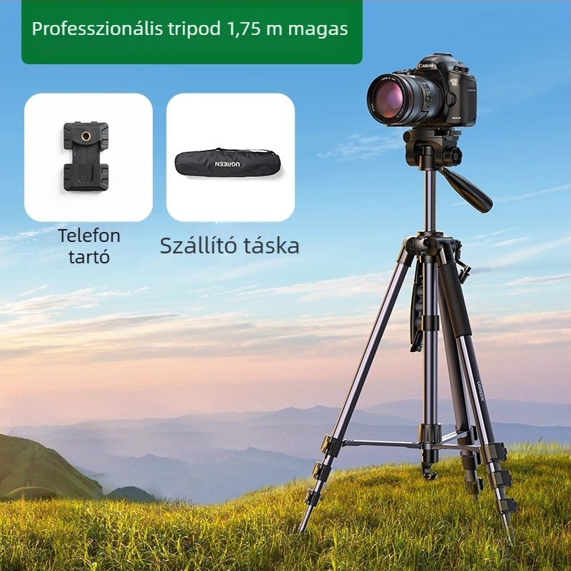 DSLR/Mirrorless kamerához 3D gimbalos háromszakaszos állvány, alumínium ötvözet, gyorskioldó lemez, teher 2–5 kg, stabil élő közvetítéshez