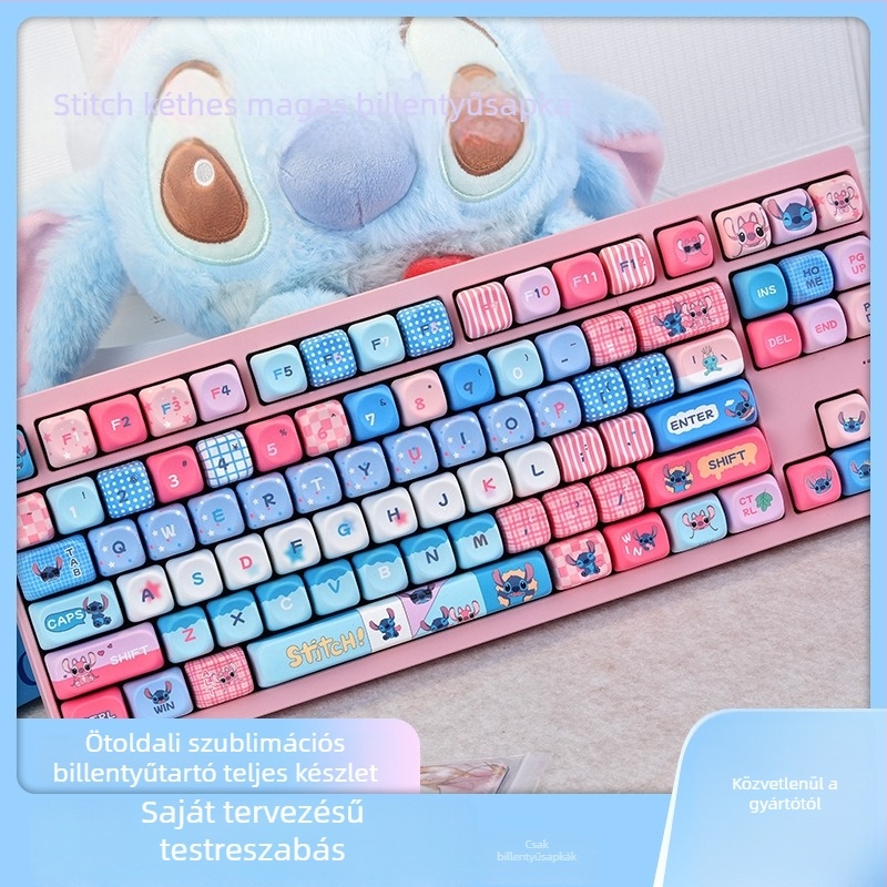 Stitch Moa témájú mechanikus gaming billentyűzet, PBT gombok szublimációval, univerzális teljes készlet, vezetékes csatlakozás, háttérvilágítás nélkül, vízálló