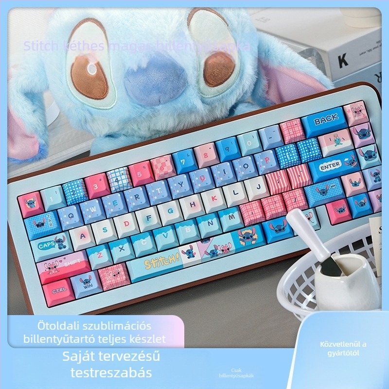 Stitch Moa témájú mechanikus gaming billentyűzet, PBT gombok szublimációval, univerzális teljes készlet, vezetékes csatlakozás, háttérvilágítás nélkül, vízálló