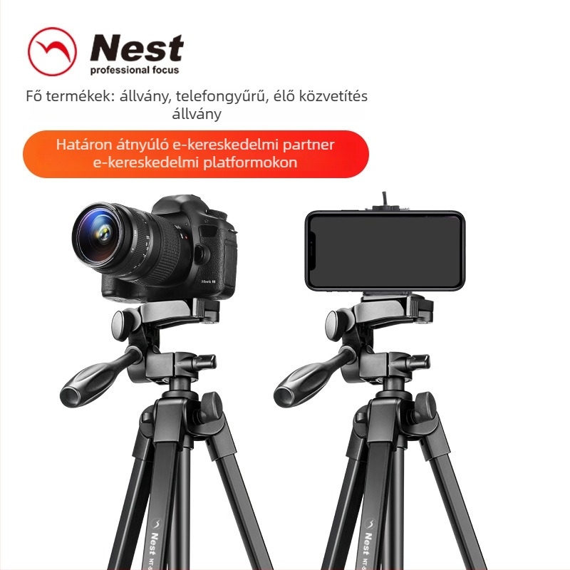 NT-510 Mobiltelefon tripod 3D gimbal, 4-szekciós alumíniumötvözet, gyorskioldó lemez, teherbírás 3 kg