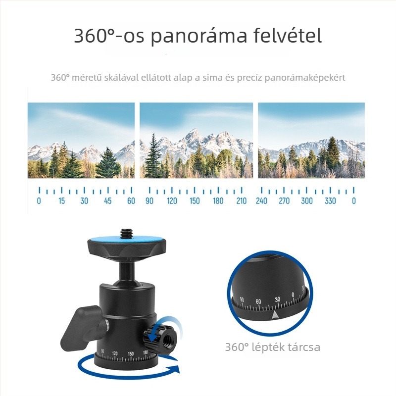 Gimbal fej állványhoz – alumínium ötvözet, 360° vízszintes forgás, 90° függőleges forgás, tekerőgombos rögzítés, tömeg 69 g