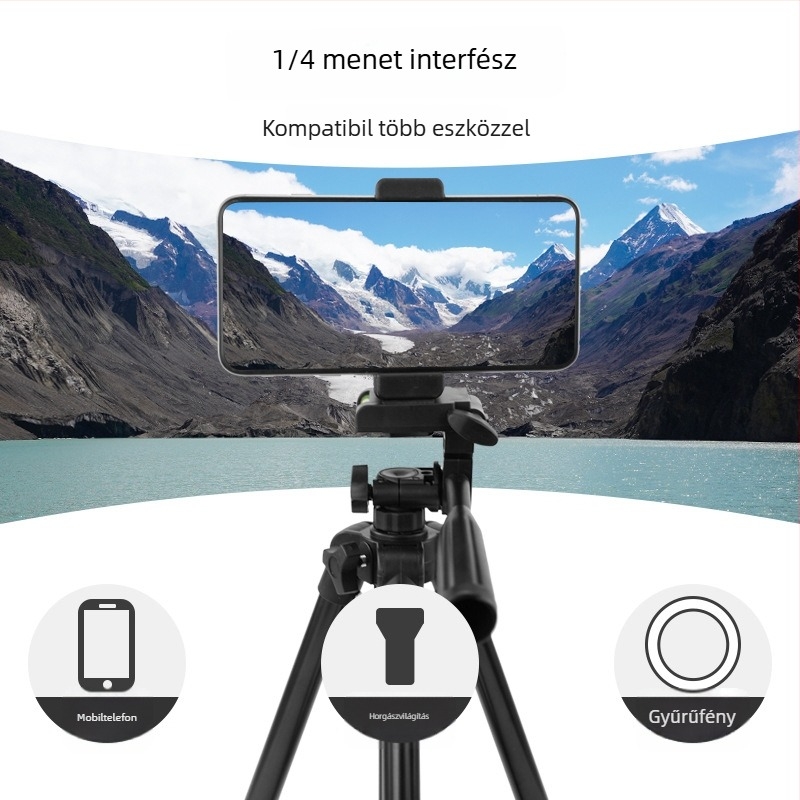 Telefonhoz és kamerához használható állvány, 3D gimbal fej, teleszkópos oszlop vas–alumínium ötvözetből, teherbírás 2–5 kg, modell 3050HT