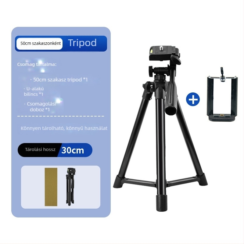 Telefonhoz és kamerához használható állvány, 3D gimbal fej, teleszkópos oszlop vas–alumínium ötvözetből, teherbírás 2–5 kg, modell 3050HT