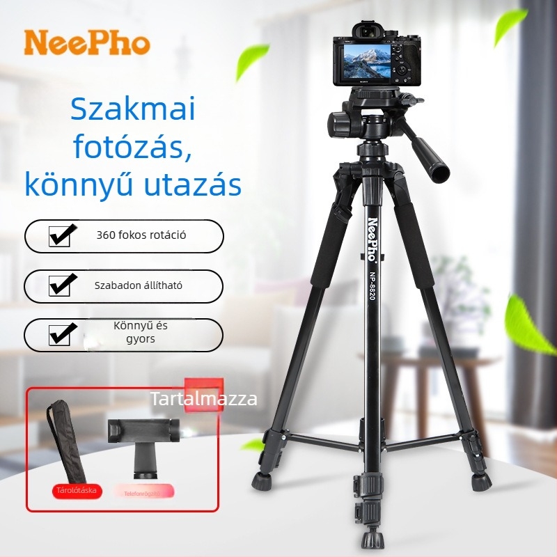DSLR- és okostelefonhoz készült 3D PTZ gimbalos tripod, alumínium-ABS ötvözet, teherbírás 5–10 kg, modell 8820, földre álló selfie állvány