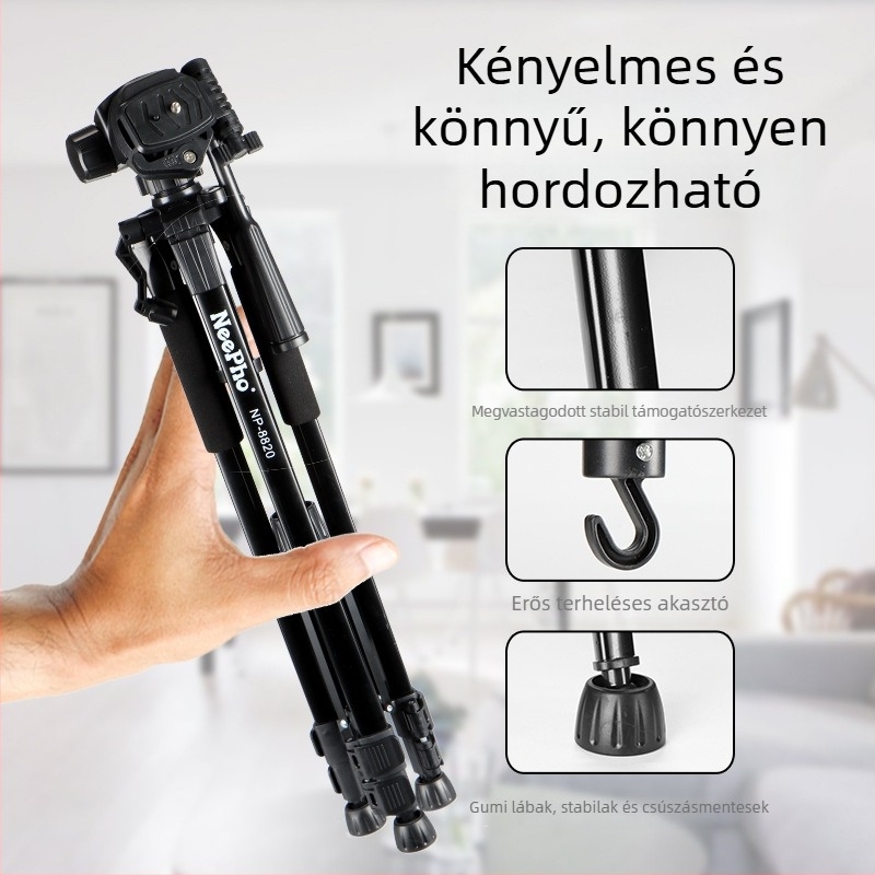 DSLR- és okostelefonhoz készült 3D PTZ gimbalos tripod, alumínium-ABS ötvözet, teherbírás 5–10 kg, modell 8820, földre álló selfie állvány