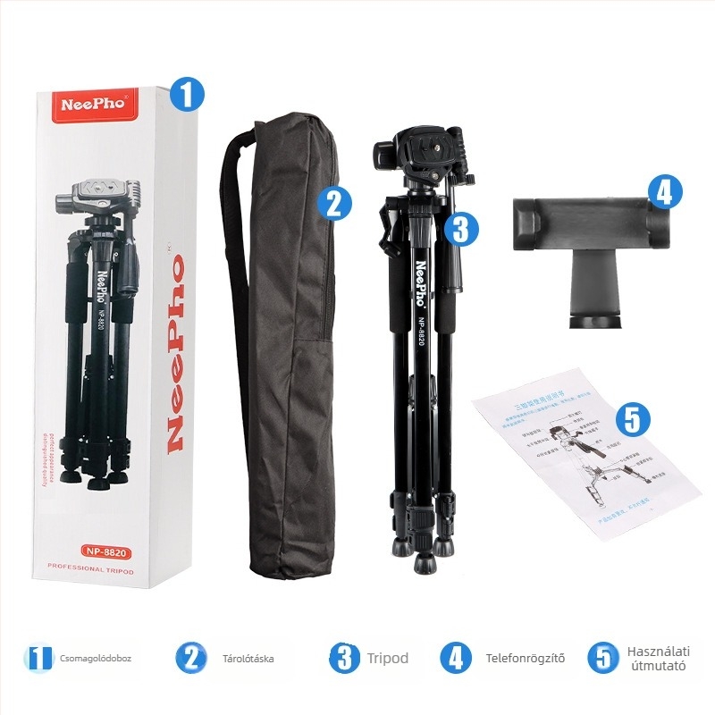DSLR- és okostelefonhoz készült 3D PTZ gimbalos tripod, alumínium-ABS ötvözet, teherbírás 5–10 kg, modell 8820, földre álló selfie állvány